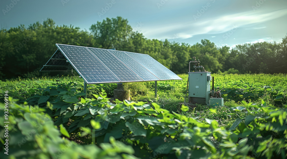 Poster a solar-powered pump in a green field with solar panels, capturing the reflective surfaces of the pa