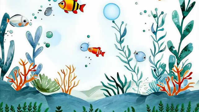 Watercolor sea plants and fish border white background.