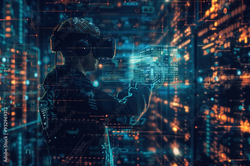 Poster A hacker navigates a virtual world filled with intricate digital locks and flowing codes, immersing in technology and cybersecurity. Generative AI
