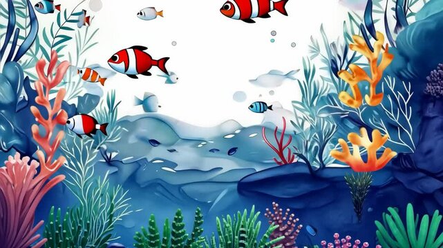 Watercolor sea plants and fish border white background.