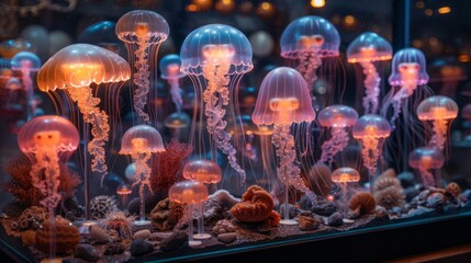 Fototapeta premium Arrange a neon showcase of ocean creature symbols, featuring shining