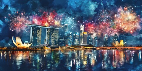 Fototapeta premium Vibrant Singapore National Day Celebration: Watercolor Cityscape with Fireworks. Abstract 2025 Festive Illustration for Marketing, UI, and Posters. Elegant Minimalist Design with Gradient Texture. AI-