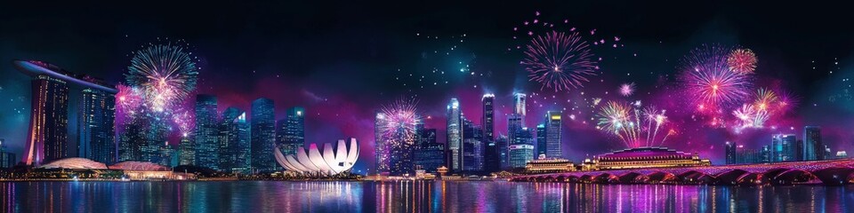 Vibrant Singapore National Day Celebration: Watercolor Cityscape with Fireworks. Abstract 2025 Festive Illustration for Marketing, UI, and Posters. Elegant Minimalist Design with Gradient Texture. AI-