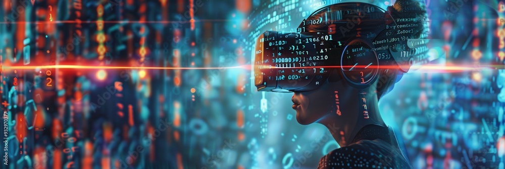 Poster a hacker navigates a virtual environment filled with digital locks and vibrant codes while wearing a