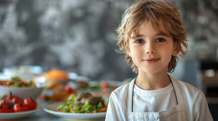 A boy whose hobby is playing restaurant, simple background, copy space. Generative AI.