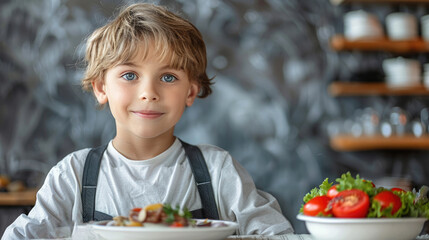 A boy whose hobby is playing restaurant, simple background, copy space. Generative AI.