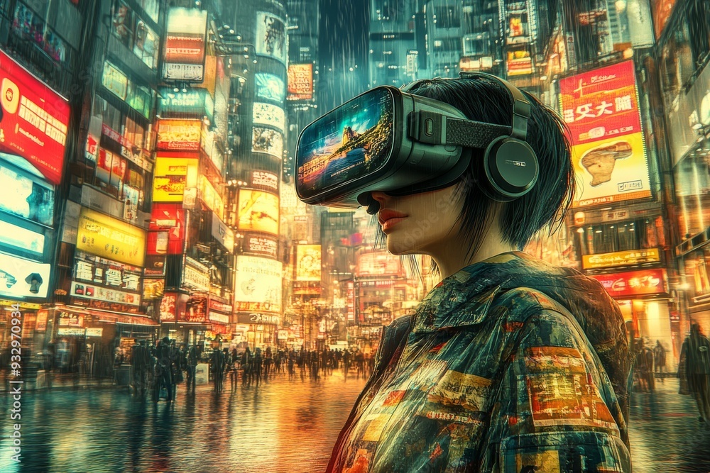 Poster a person using vr goggles in a bustling neon lit urban environment symbolizing the fusion of virtual