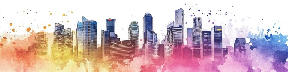 Ethereal Watercolor Singapore Skyline: National Day 2025 Celebration. Soft Hues Abstract Illustration for Marketing, UI, and Posters. Minimalist Composition with Elegant Gradient Texture. AI-Generated