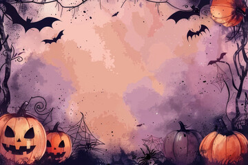 Halloween background with space for text. Halloween frame with pumpkins, bats, spiders and webs in lilac and orange with empty space in the middle.