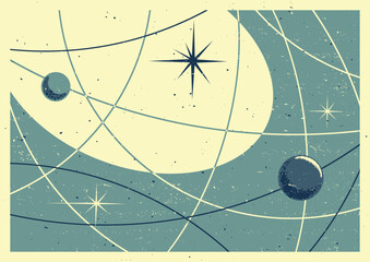 Space Posters Vector Template. Mid Century Modern Space Age Posters Style Background, 1950s - 1960s Colors and Shapes 