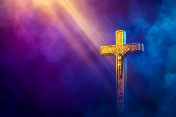 Crucifix with Golden Jesus on Cross with Radiant Light Beams and Mystical Background