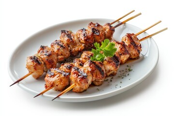 Isolated white plate with yakitori on a white background, showcasing the grilled skewers
