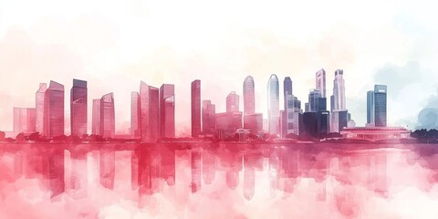 Fototapeta premium Ethereal Watercolor Singapore Skyline: National Day 2025 Celebration. Soft Hues Abstract Illustration for Marketing, UI, and Posters. Minimalist Composition with Elegant Gradient Texture. AI-Generated