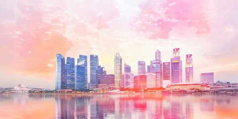 Ethereal Watercolor Singapore Skyline: National Day 2025 Celebration. Soft Hues Abstract Illustration for Marketing, UI, and Posters. Minimalist Composition with Elegant Gradient Texture. AI-Generated