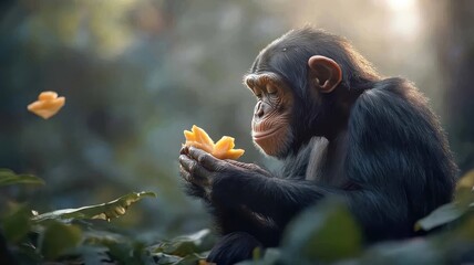 A chimpanzee eating fresh fruit in a sunlit clearing surrounded by dense jungle vegetation.