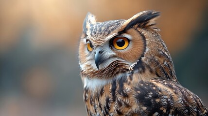Fototapeta premium A close-up of an owl’s intense eyes and detailed feathers, with a soft-focus background highlighting its captivating features.