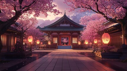 Fototapeta premium Cherry blossoms bloom near a traditional Asian temple at dusk with lanterns illuminating the scene