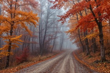 Fototapeta premium A misty autumn road surrounded by vibrant foliage, ideal for travel, nature, and adventure photography.