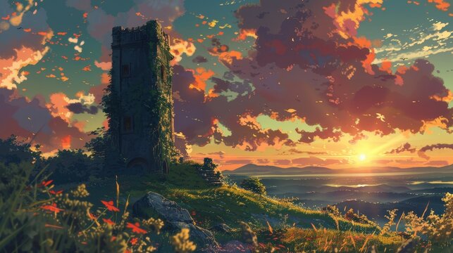 A breathtaking anime sunrise paints the sky with colors beside a weathered tower, enhancing the serene landscape of hills and flowers