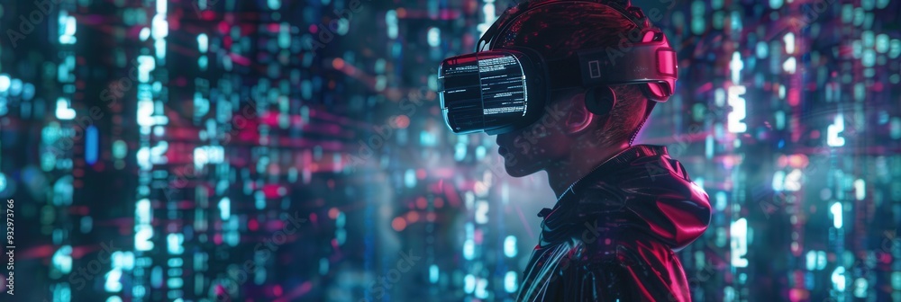 Poster A hacker navigates a vibrant virtual world surrounded by glowing locks and codes while wearing a VR headset. Generative AI