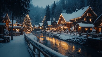 Obraz premium Charming snow-covered village at sunset with twinkling lights and a flowing river