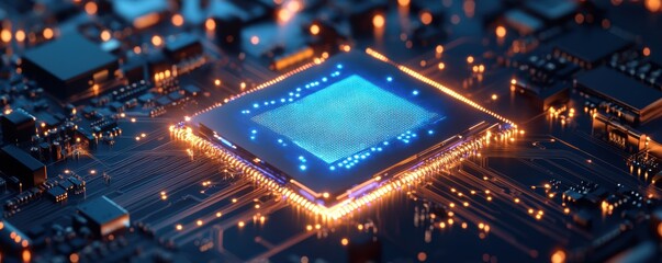 Futuristic quantum computing chip with an intricate circuit design, glowing in blue and gold tones