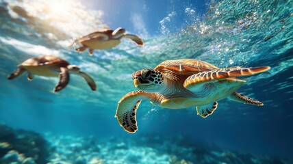 Obraz premium A group of turtles interacting playfully in an underwater scene.