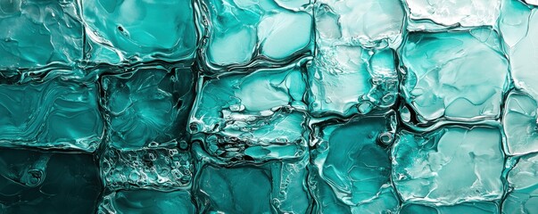 Abstract ice cube with clear, cool texture and frozen pattern in blue water