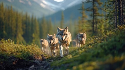 A group of wolves hunting in a dense forest, their synchronized movements through thick underbrush and tall trees.