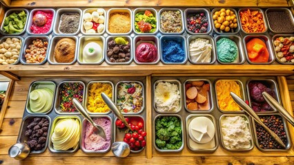 Bird's eye view of artisanal ice cream parlor showcasing colorful array of toppings and flavors on wooden countertops with warm inviting lighting and blurred background.