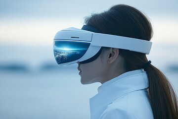 Profile of a woman with a futuristic VR headset highlighting the sleek design and advanced technology that defines the future of immersive experiences and cutting edge virtual realities