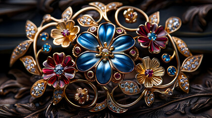 Gold Floral Brooch with Blue and Red Enamel and Gemstones