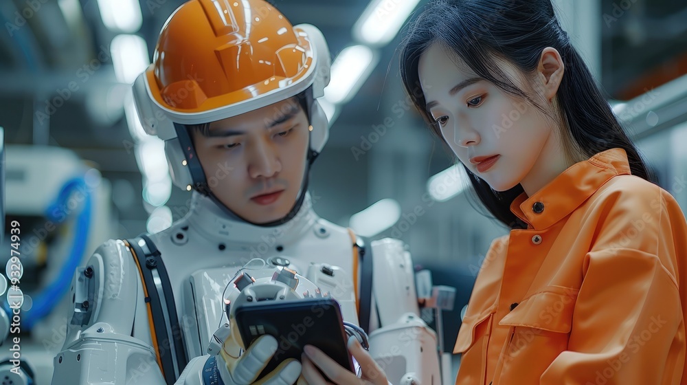 Poster engineer cooperation two asian male and female technician maintenance inspect relay robot system wit