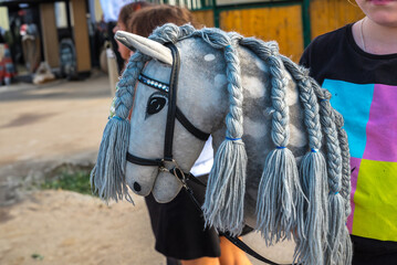 A horse's head on a hobby horsing stick in a child's hand