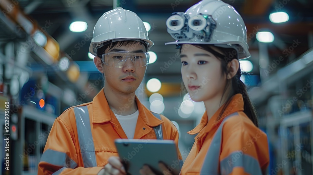 Poster engineer cooperation two asian male and female technician maintenance inspect relay robot system wit