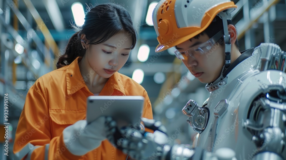 Poster engineer cooperation two asian male and female technician maintenance inspect relay robot system wit