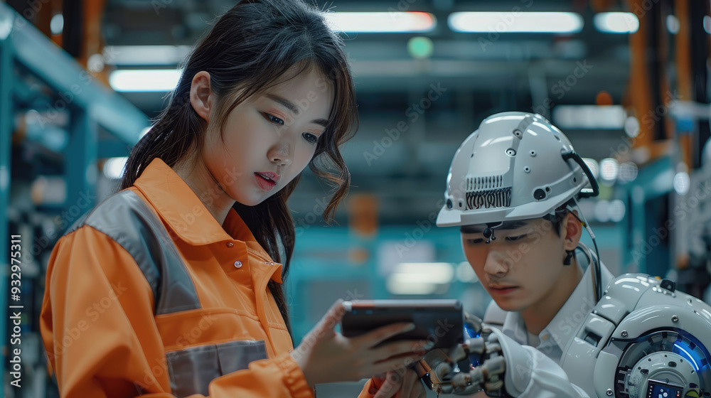 Aufkleber engineer cooperation two asian male and female technician maintenance inspect relay robot system wit