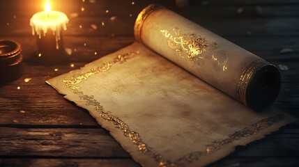 Fototapeta premium An ancient parchment scroll unrolled on a wooden desk, intricate border designs with faded gold accents, soft warm candlelight illuminating the scene, Renaissance style with delicate textures,