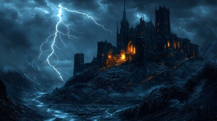 Fototapeta premium Dark Castle in Stormy Night with Lightning