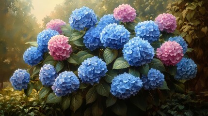 Hydrangea bush, clusters of blue and pink flowers, summer garden, full and lush, classic elegance, watercolor style