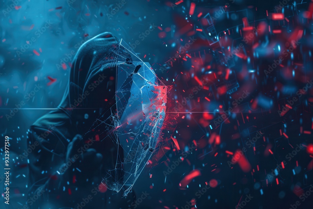 Leinwandbilder a hacker disrupts a digital shield, causing fragments to scatter in the air, illustrating a focused 