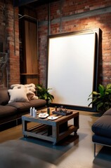 A cozy living space featuring a blank canvas, plants, and a coffee table.