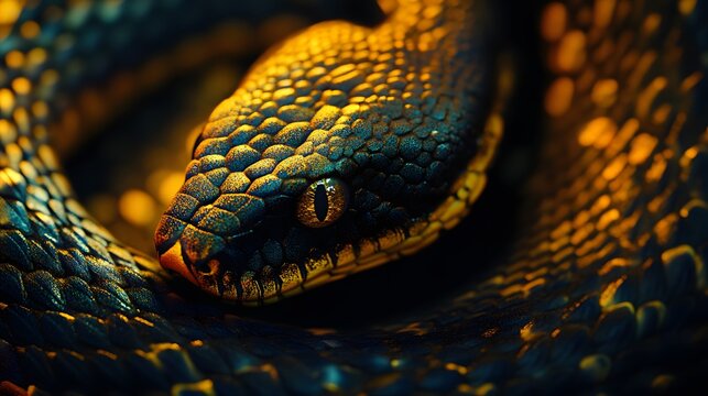 A close-up of a snake s scales, each one detailed with layers of Python code, illuminated by the soft glow of a digital screen, the intricate blend of natural and digital textures creating a mood of