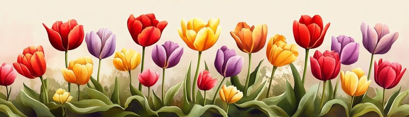 Fototapeta premium Garden of tulips, multicolored blooms, vibrant reds, yellows, and purples, springtime renewal, joyful abundance, watercolor style