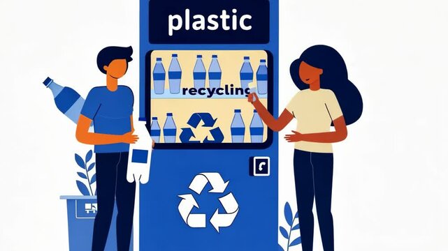 Illustration of two men standing near the plastic bottle recycling machine.