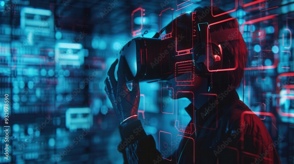 Leinwandbilder a hacker explores a vibrant virtual world of digital locks and codes while wearing a vr headset. gen