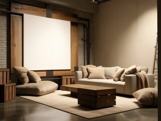 Cozy living room with a minimalist design, featuring a sofa, coffee table, and projector screen.