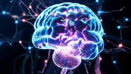 Glowing 3D brain model rotates in dark space. Intricate neural connections pulse with electrical activity, creating a mesmerizing light show of synapses firing. - Powered by Adobe