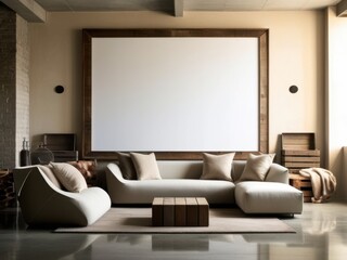 A minimalist living room featuring a modern sofa, wooden accents, and a large blank frame.