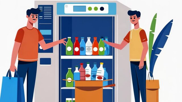 Illustration of two men standing near the plastic bottle recycling machine.
